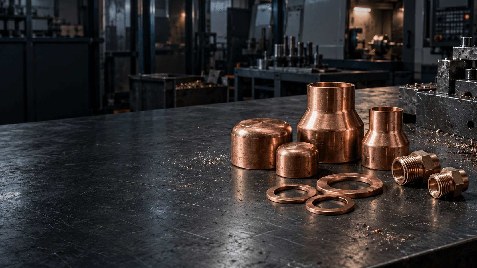 Copper and brass components on an industrial workbench